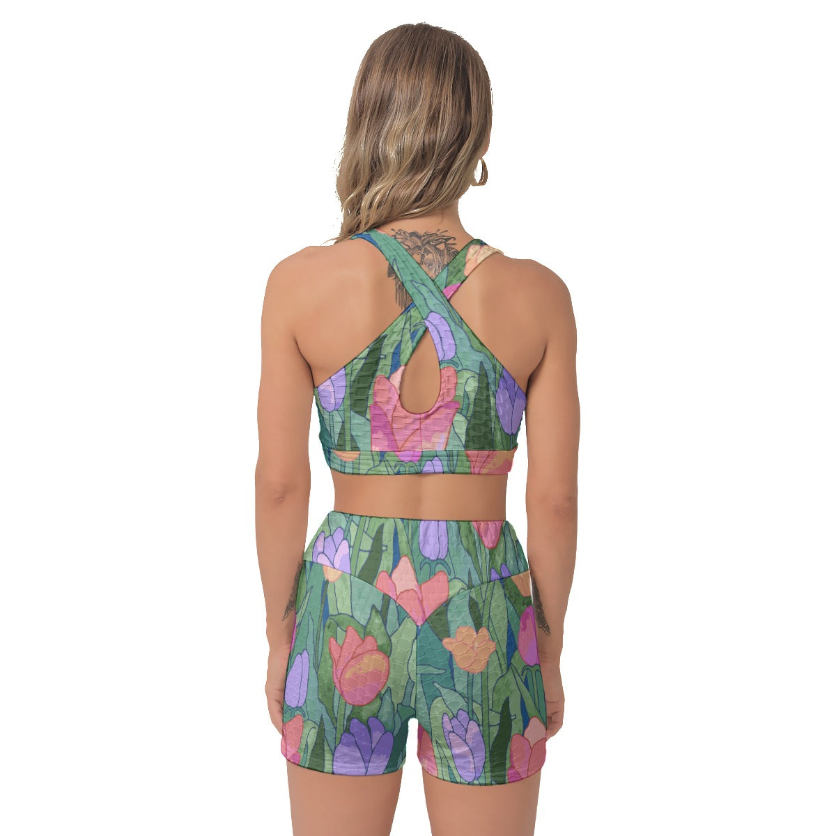 Tulips Watercolor Sports Bra and Shorts Set - AnimePhysique