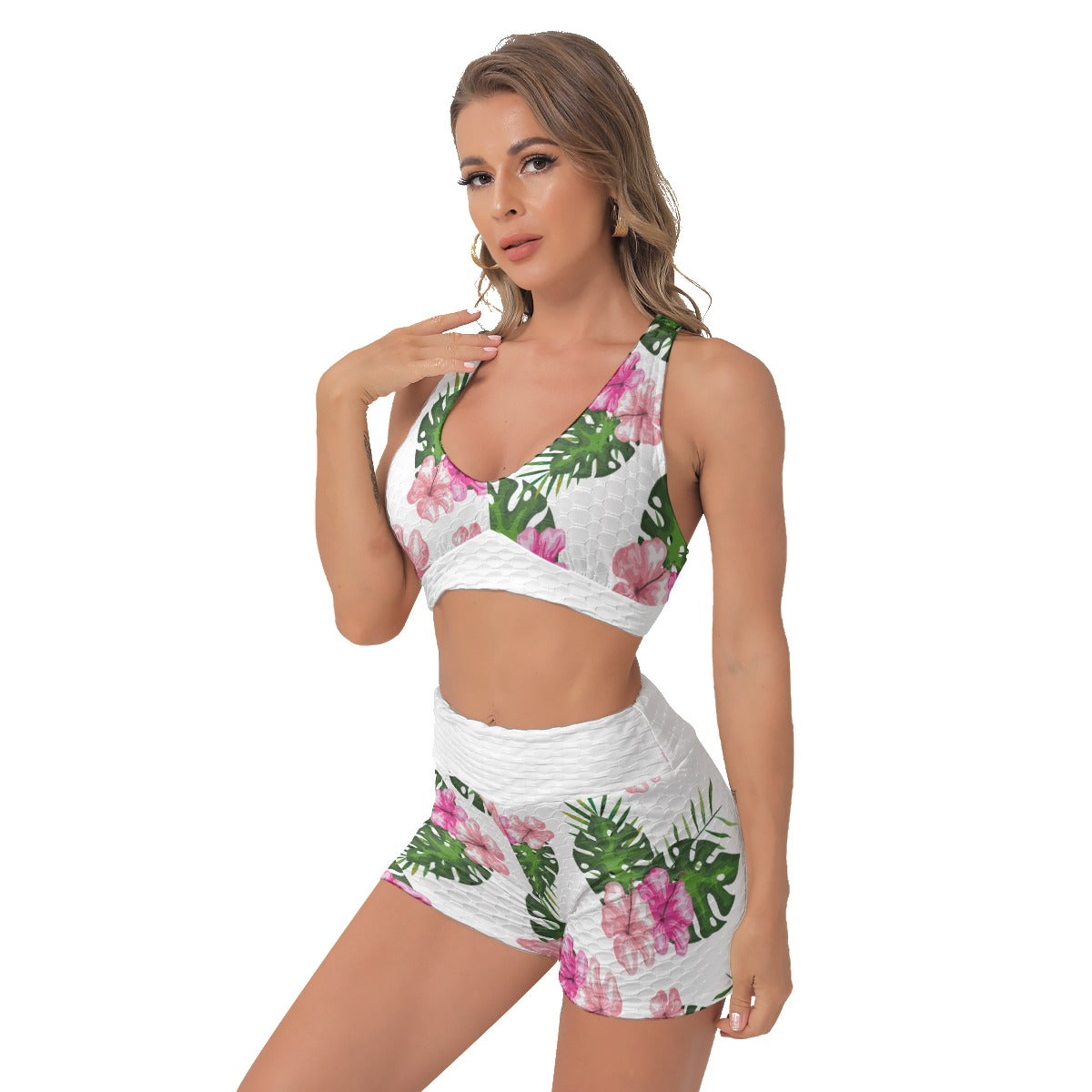 Pink Orchid Monstera Sports Bra and Shorts Set - AnimePhysique